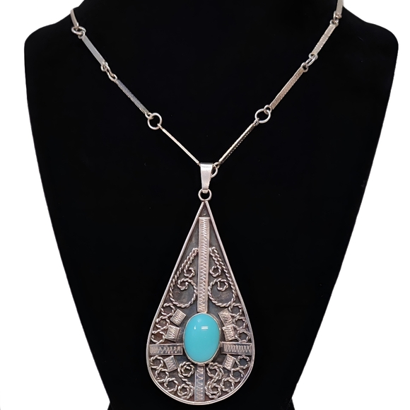 Vintage Jewelry - Vintage MEXICO Sterling Silver REYGO Turquoise Tear Drop Pendant Necklace 23.5"